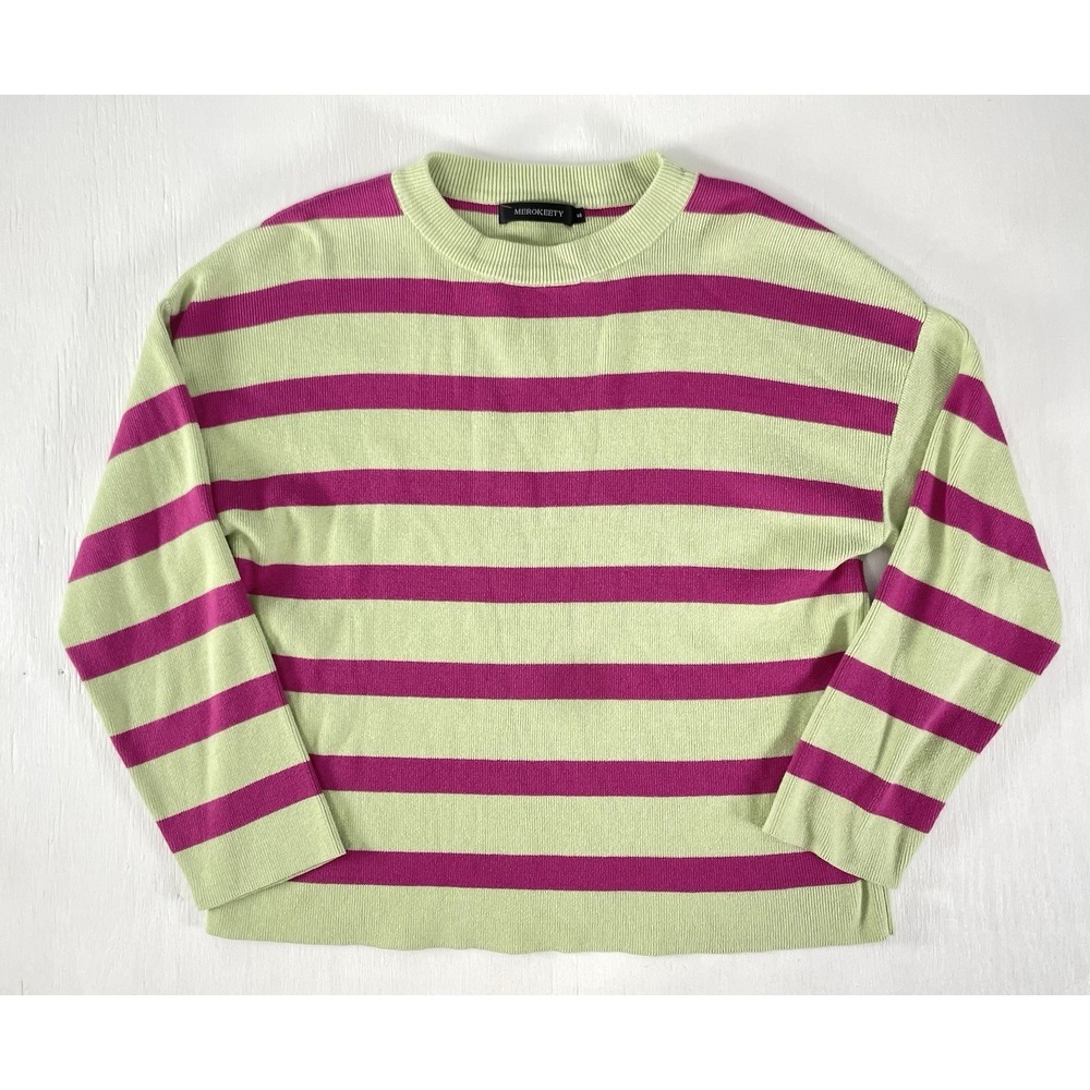 Women's Relaxed Bold Striped Pink & Lime Green Long Sleeve Knit Sweater Top S FP